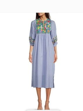 Blue Pinstripe Maxi Dress with Colorful Smocked Yoke